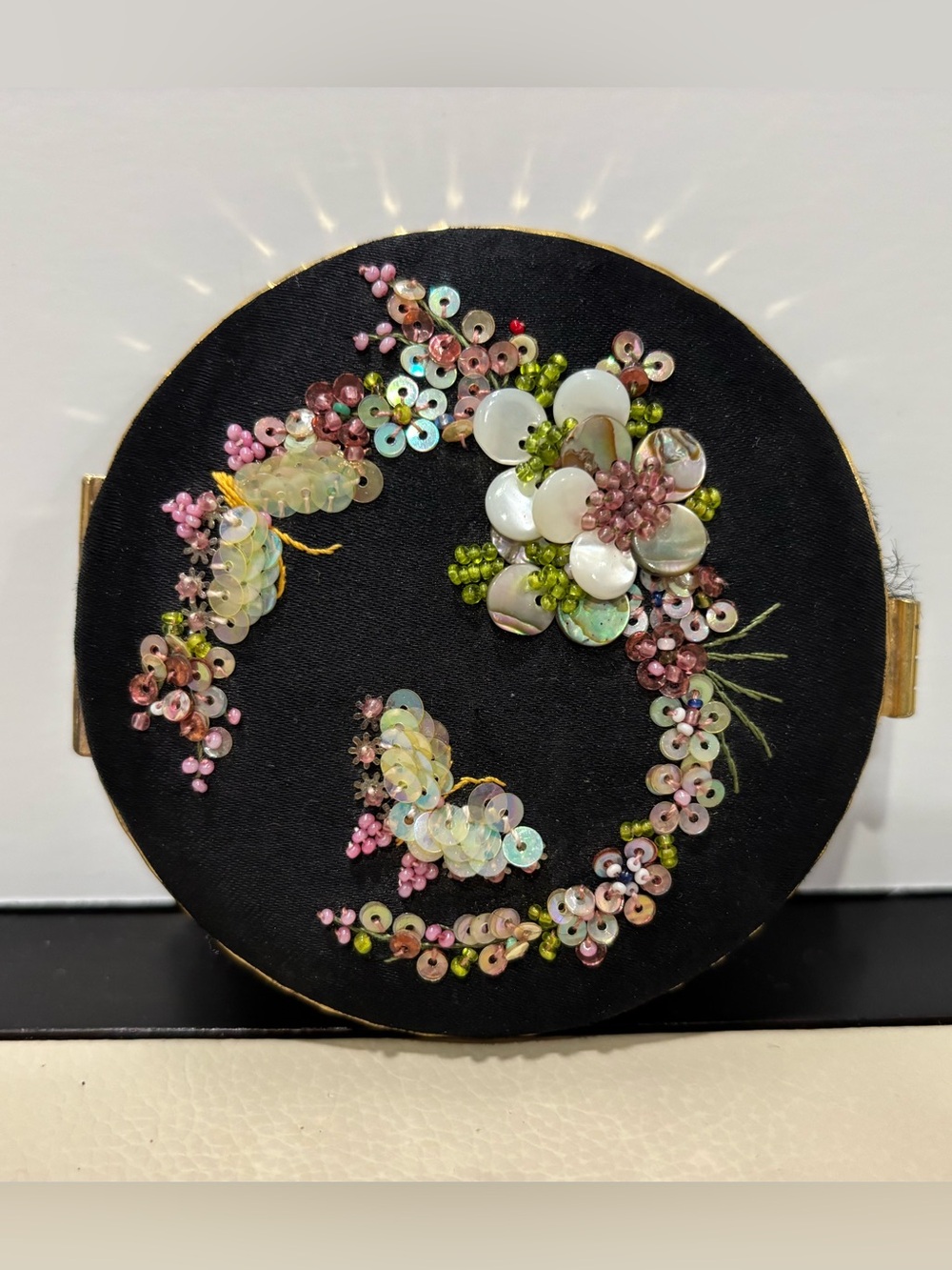 Vintage Silk Compact Embellished Black Round Mirror w/ Iridescent Floral Sequins